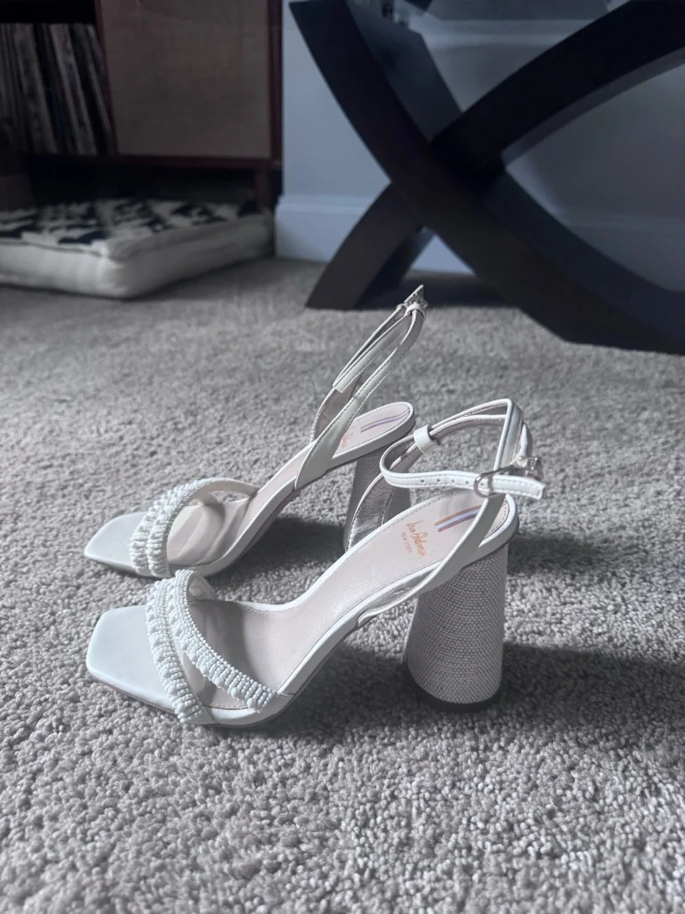 Sam Edelman Women's Ivory Beaded Block Heel Sandals - Elegant Ankle Strap